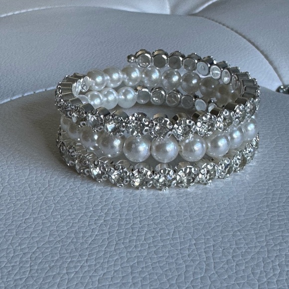 Jewelry - New Pearl Rhinestone Diamond Three Row Bangle Bracelet NWT